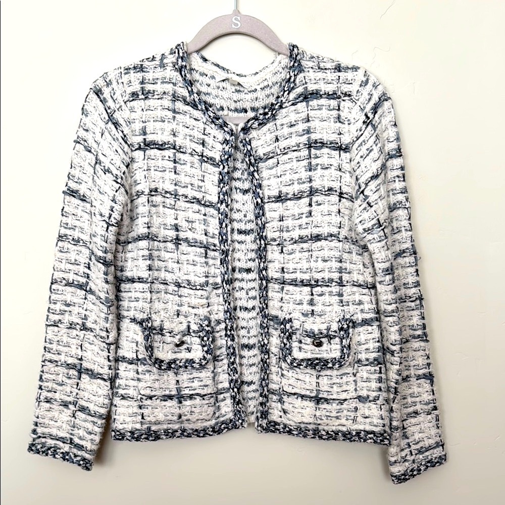 Simi Blue  and White Tweed Knit Cardigan